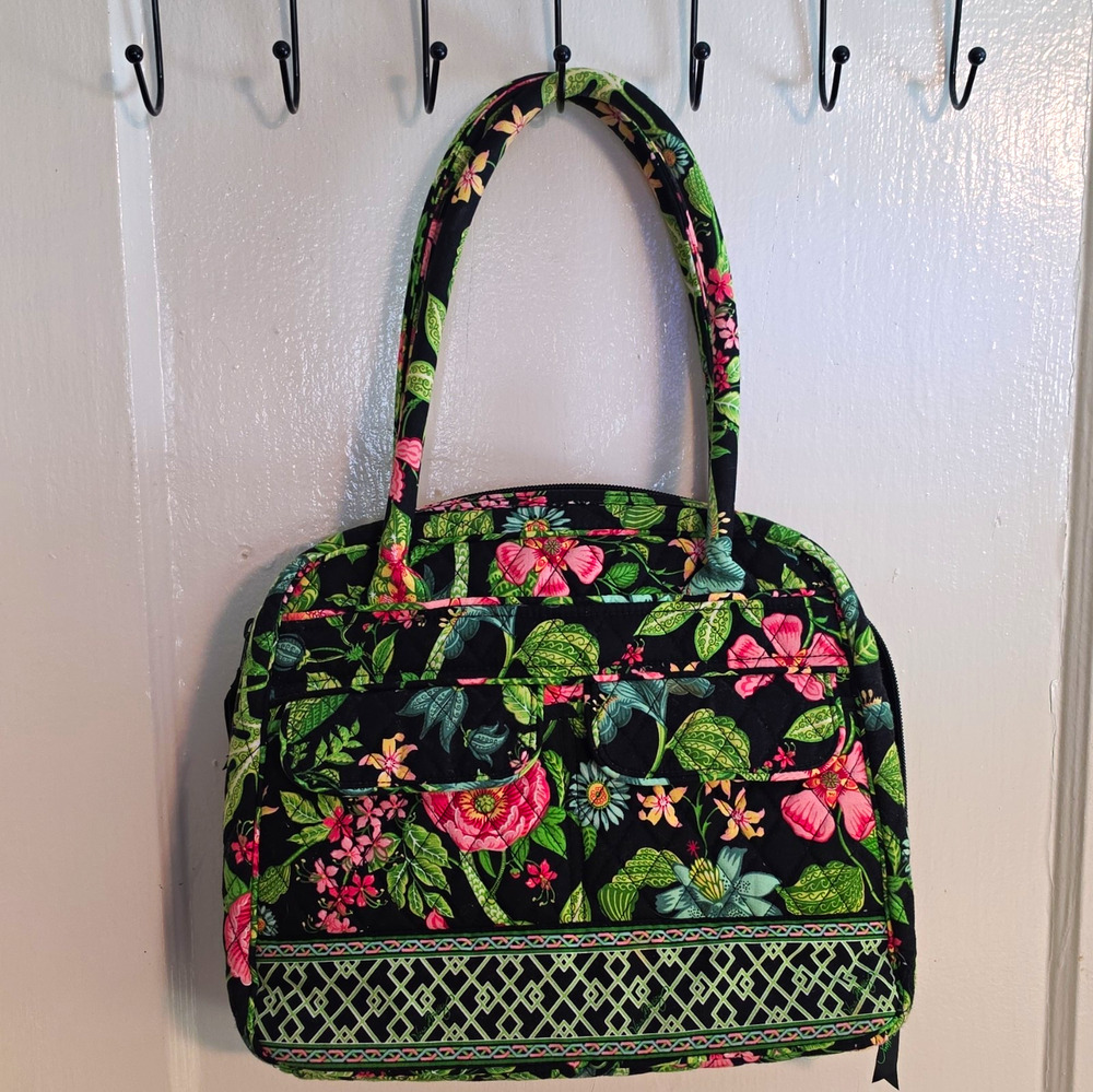 Vintage Vera Bradley Villager Bowler Bag Botanica Black Pink Floral Flap Pockets